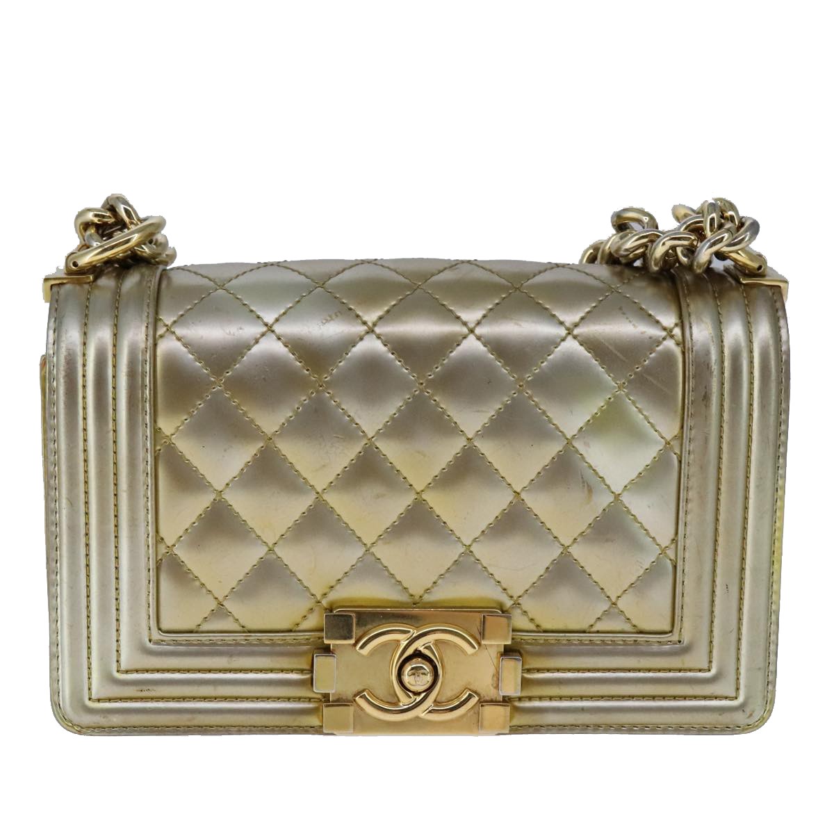 Chanel Boy Flap Bag Quilted Patent Gold Patent_Leather Shoulder Bag Bag (Authentic Pre-Loved)