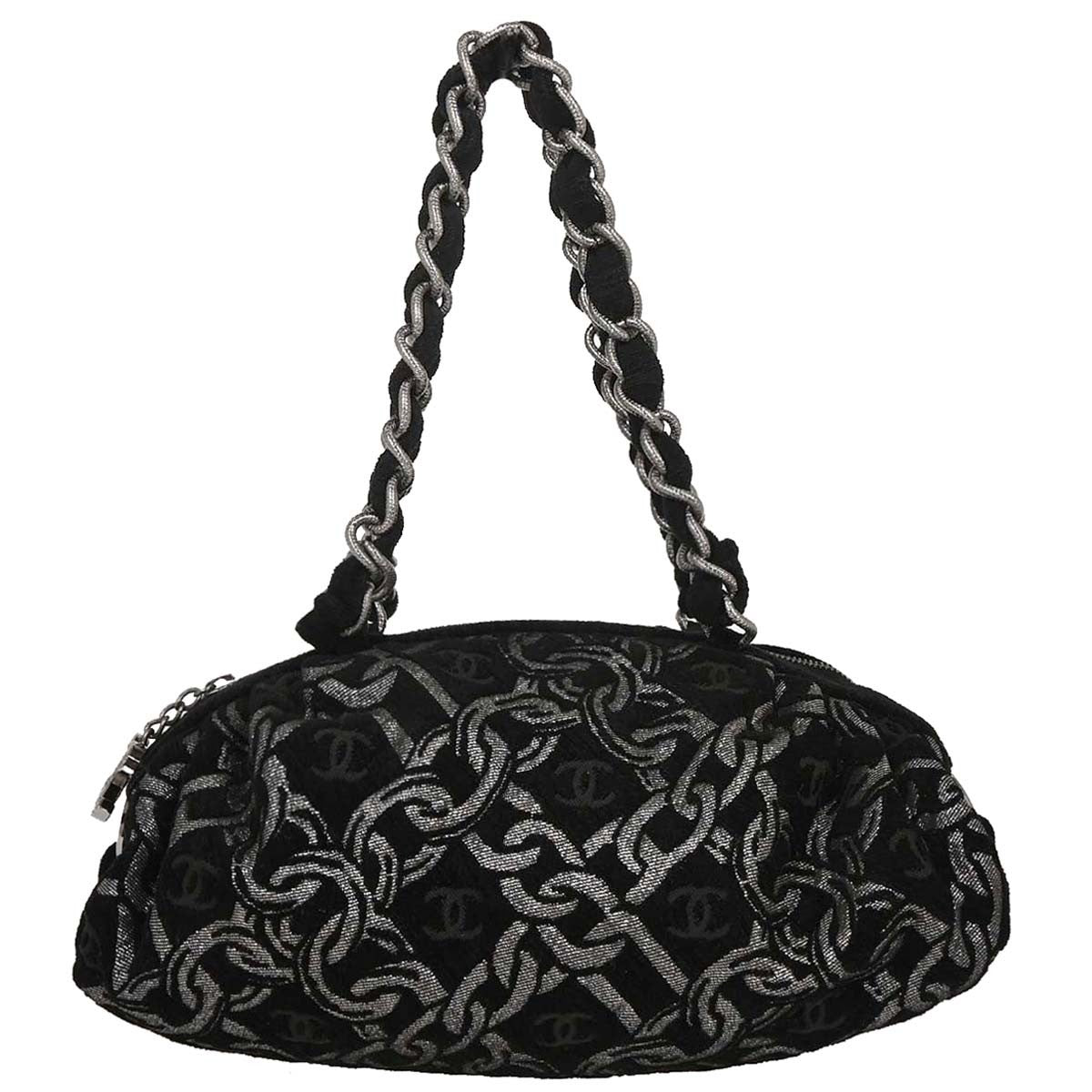 Chanel Vintage Zip Bowler Bag Printed Jacquard Black Cotton Shoulder Bag Bag (Pre-Loved)