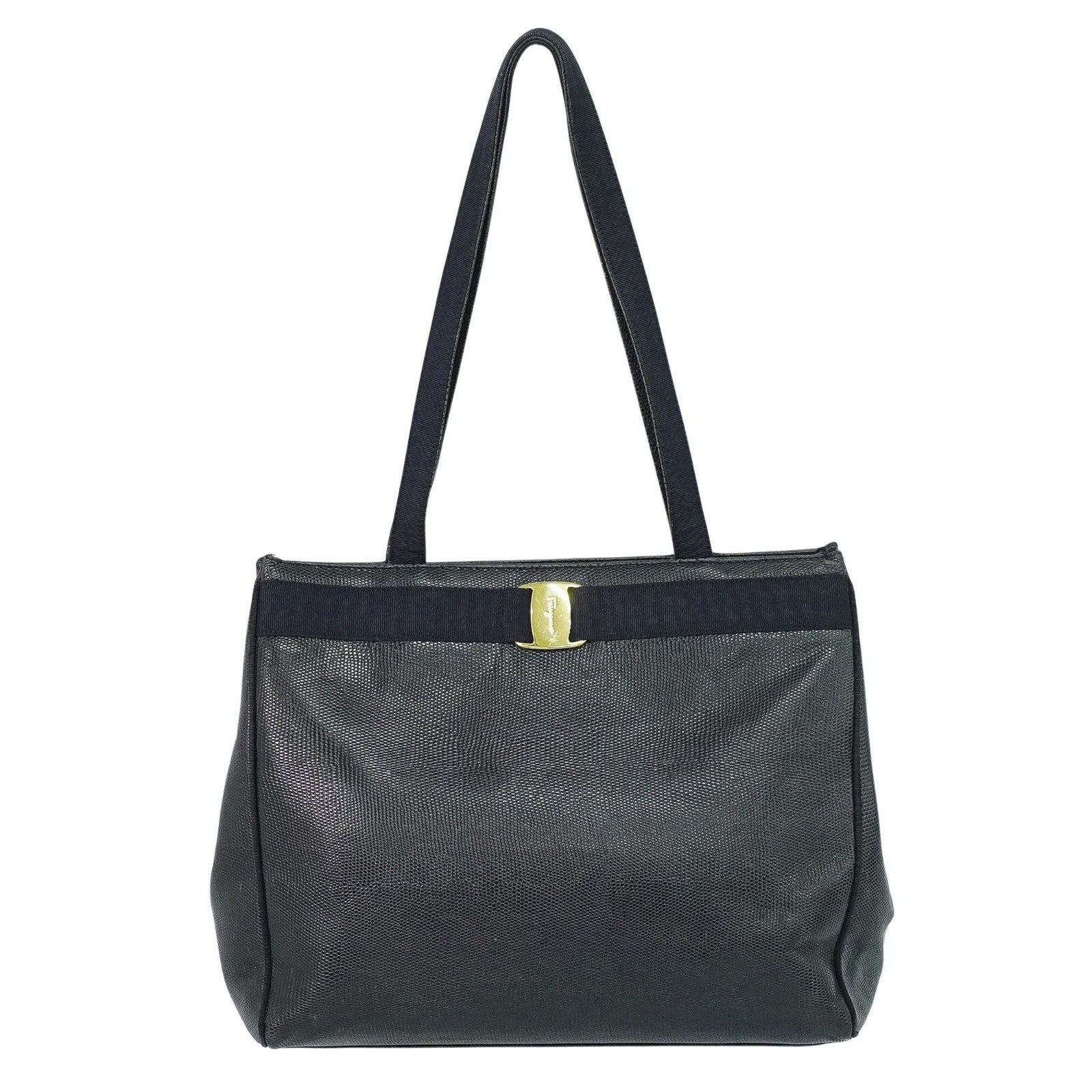 Salvatore Ferragamo Vintage Vara Bow Tote Lizard Embossed Leather Black Leather Tote Bag Bag (Pre-Loved)
