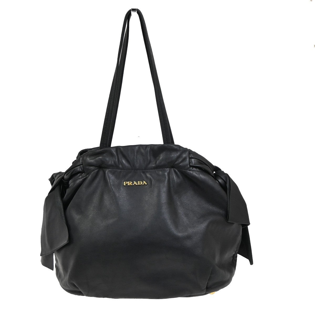 Prada Bow Tie Pleated Tote Leather Black Leather Shoulder Bag Bag (Pre-Loved)