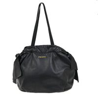 Prada Bow Tie Pleated Tote Leather Black Leather Shoulder Bag Bag (Pre-Loved)