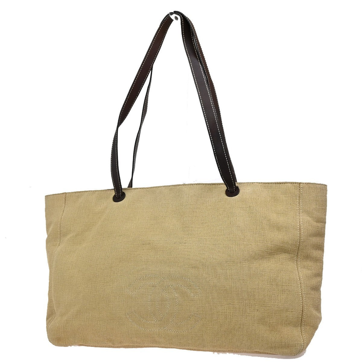 Chanel Vintage Cc Tote Canvas With Leather Beige Canvas Tote Bag Bag (Pre-Loved)