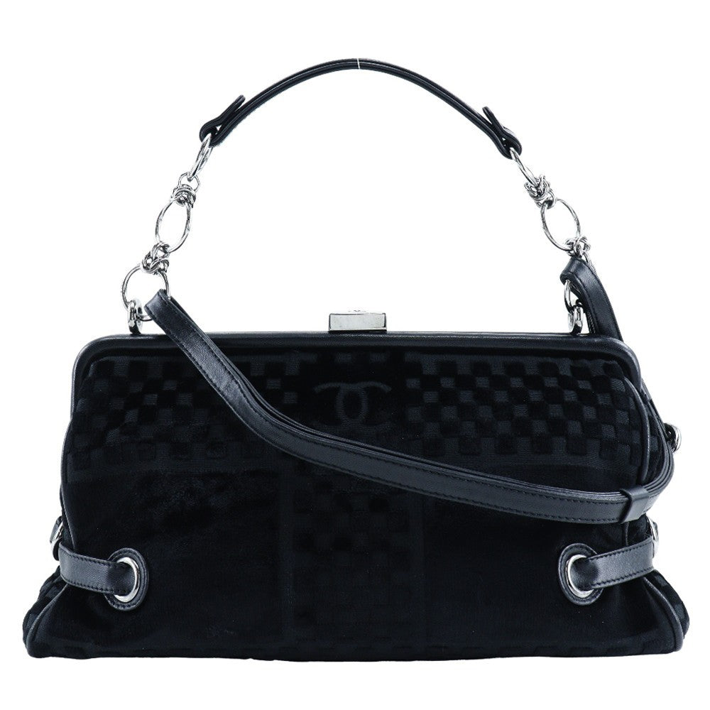 Chanel Vintage Cc Side Belted Bowler Bag Check Embossed Velvet Black Velvet Shoulder Bag Bag (Pre-Loved)