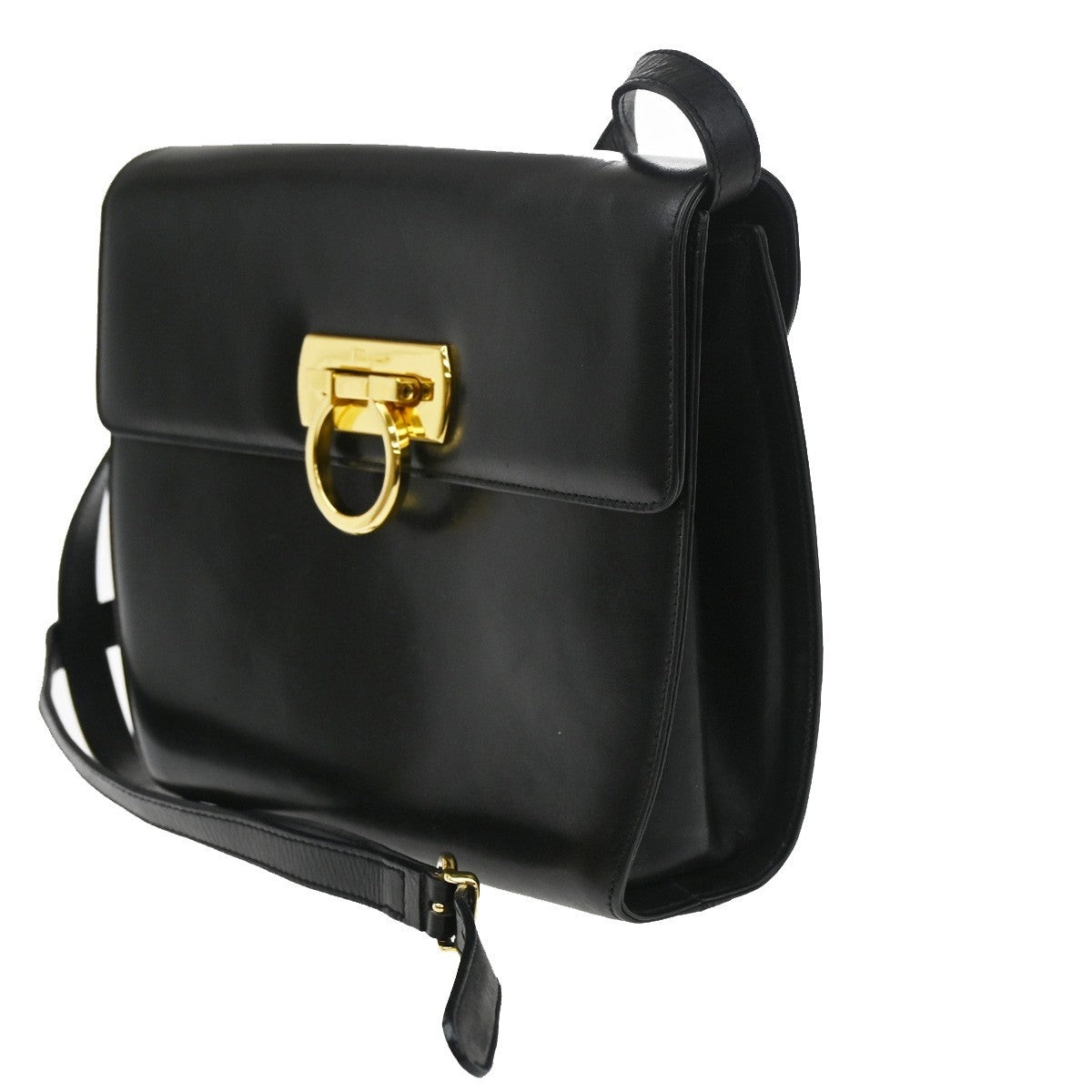 Salvatore Ferragamo Gancini Shoulder Bag Leather Black Leather Shoulder Bag Bag (Pre-Loved)