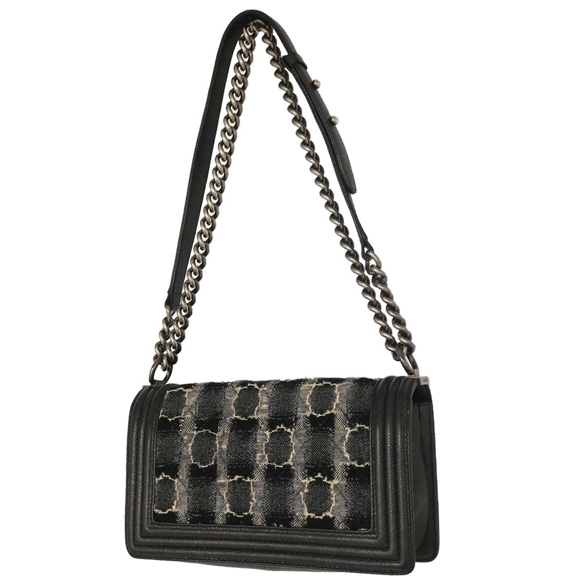 Chanel Boy Flap Bag Tweed And Leather Black Leather Shoulder Bag Bag (Pre-Loved)