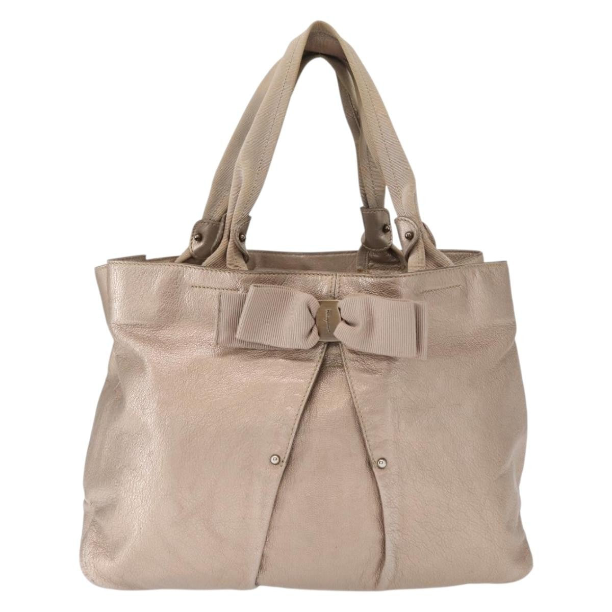 Salvatore Ferragamo Vala Tote Leather Beige Leather Tote Bag Bag (Authentic Pre-Loved)