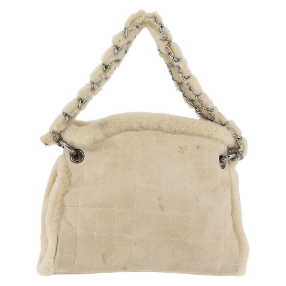 Chanel Vintage Embroidered Cc Chain Tote Quilted Suede And Shearling Beige Canvas Tote Bag Bag (Authentic Pre-Loved)