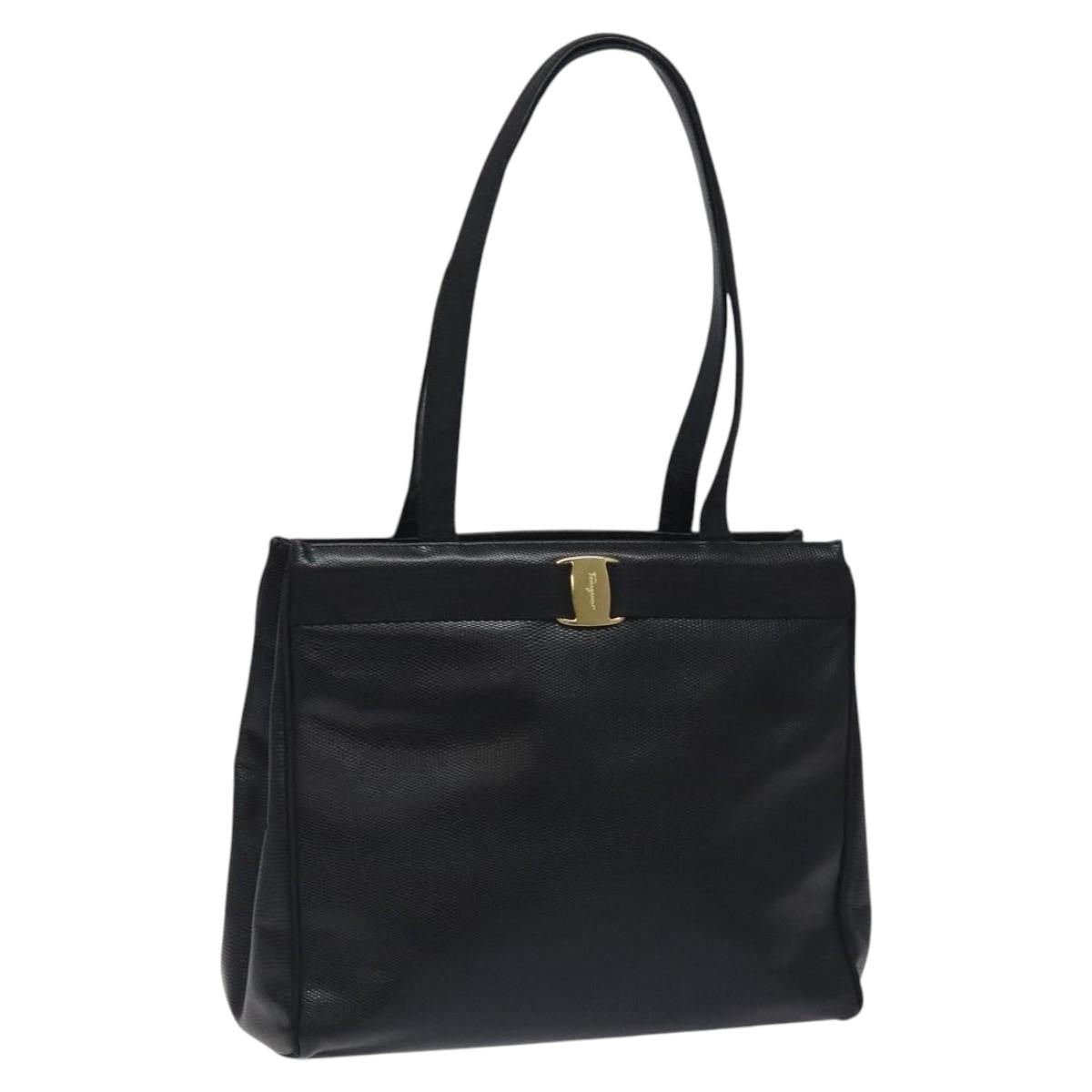 Salvatore Ferragamo Vintage Vara Bow Tote Lizard Embossed Leather Black Leather Tote Bag Bag (Authentic Pre-Loved)