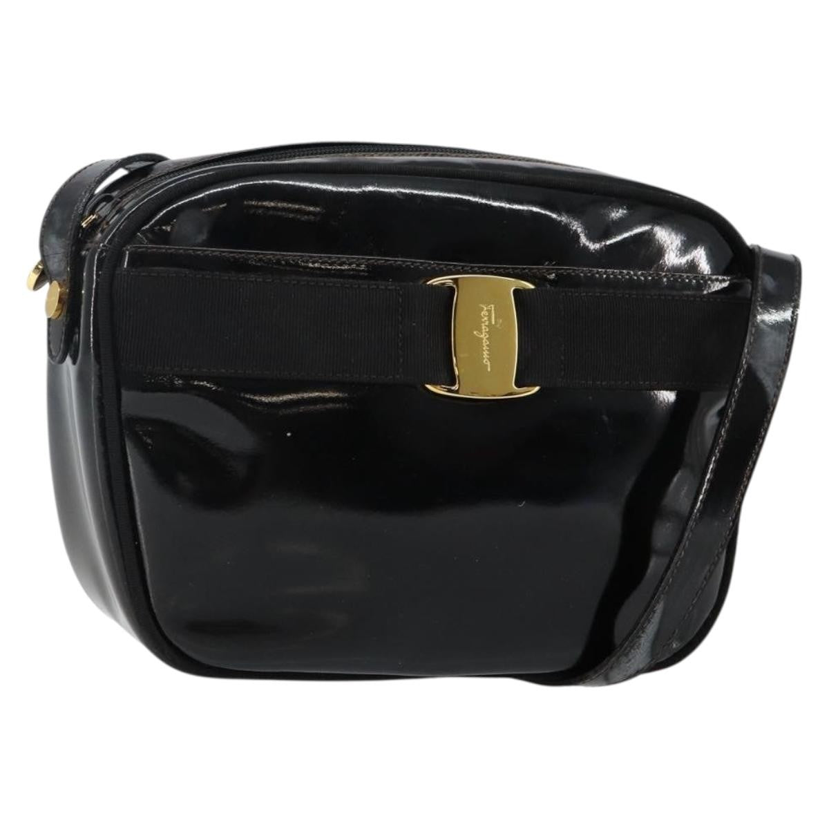 Salvatore Ferragamo Vala Shoulder Bag Patent Leather Black Patent_Leather Bag (Authentic Pre-Loved)