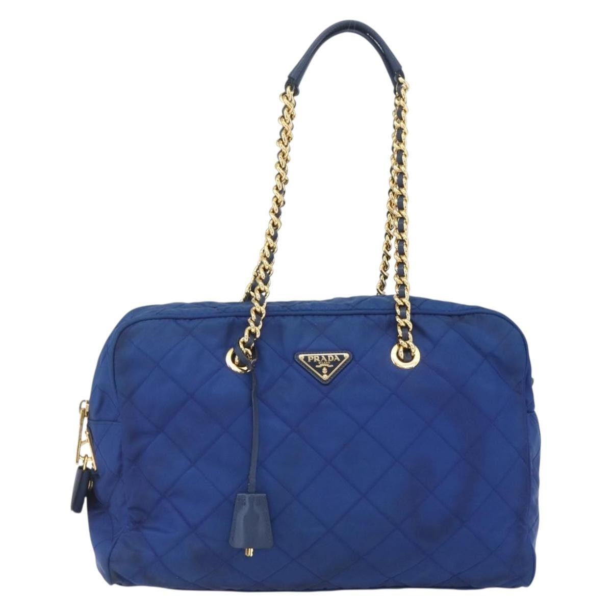 Prada Chain Shoulder Bag Quilted Tessuto Blue Nylon Shoulder Bag Bag (Pre-Loved)