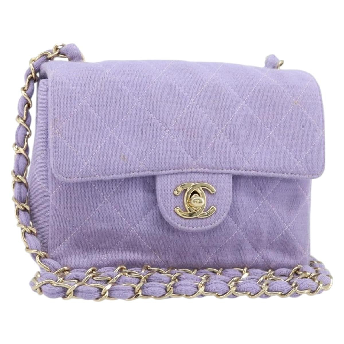 Chanel Square Classic Single Flap Bag Fabric Purple Cotton Crossbody Bag Bag (Authentic Pre-Loved)