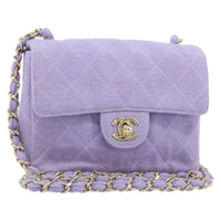 Chanel Square Classic Single Flap Bag Fabric Purple Cotton Crossbody Bag Bag (Authentic Pre-Loved)