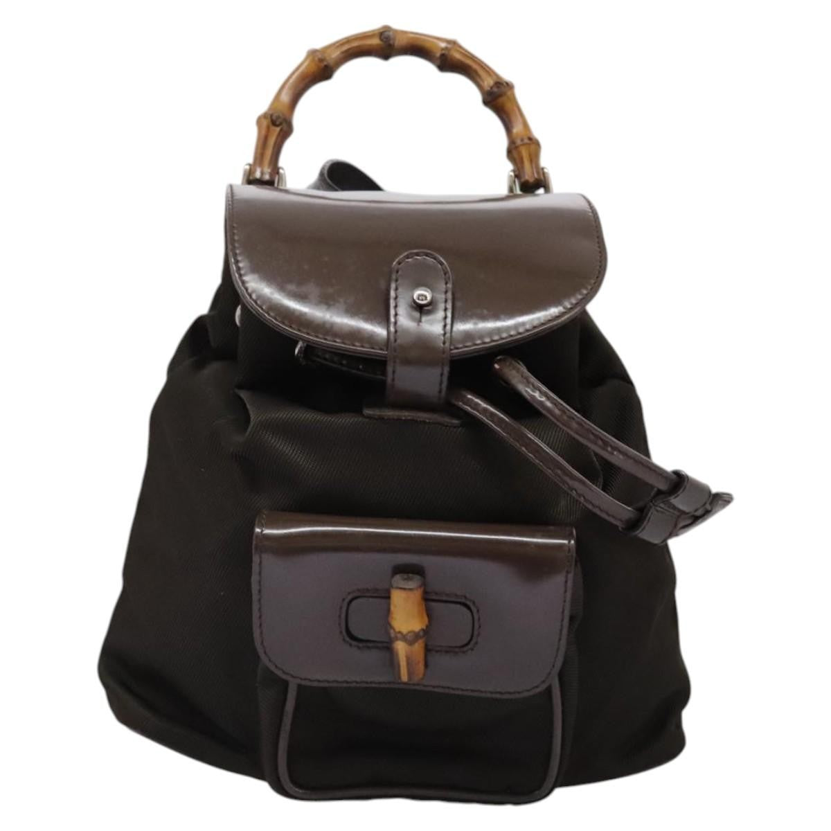 Gucci Vintage Bamboo Backpack Nylon And Patent Leather Brown Nylon Backpack Bag (Authentic Pre-Loved)