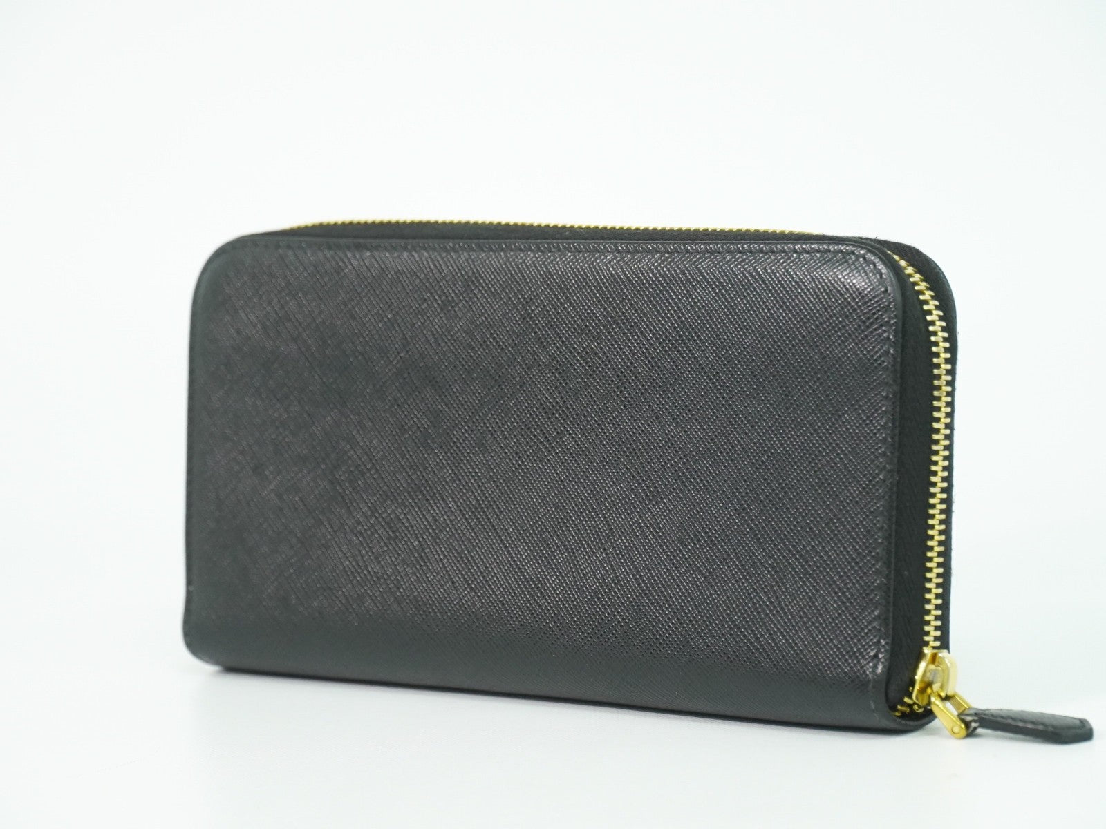 Prada Zip Around Tab Wallet Saffiano Leather Black Leather Wallets Accessory (Authentic Pre-Loved)