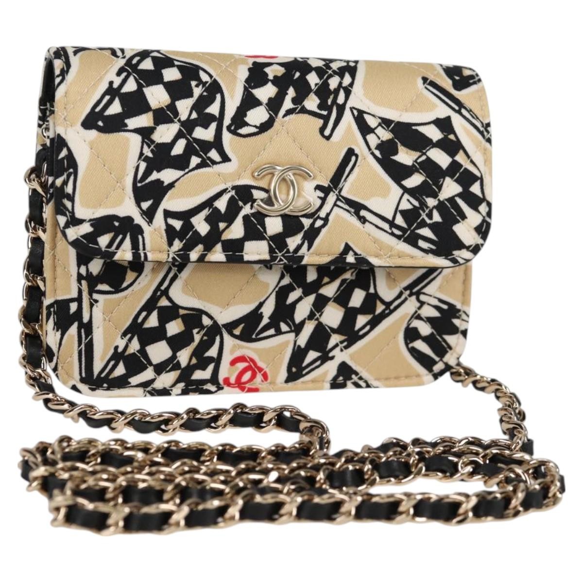 Chanel Flap Card Holder On Chain Quilted Printed Canvas Beige Nylon Shoulder Bag Bag (Authentic Pre-Loved)