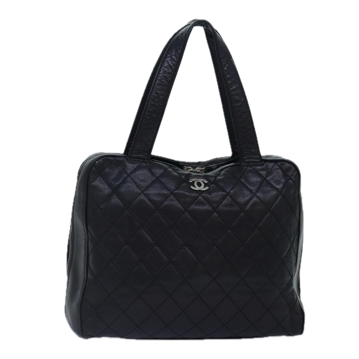 Chanel Vintage Cc Zip Around Bowler Bag Quilted Caviar Black Leather Handbag (Pre-Loved)