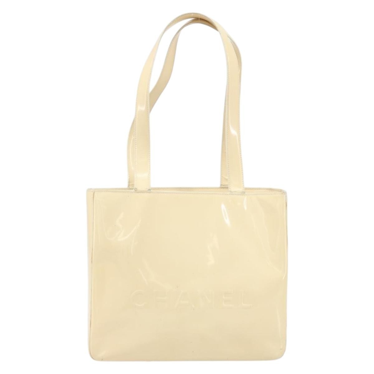 Chanel Vintage Embossed Logo Shoulder Bag Patent Beige Patent_Leather Tote Bag Bag (Pre-Loved)