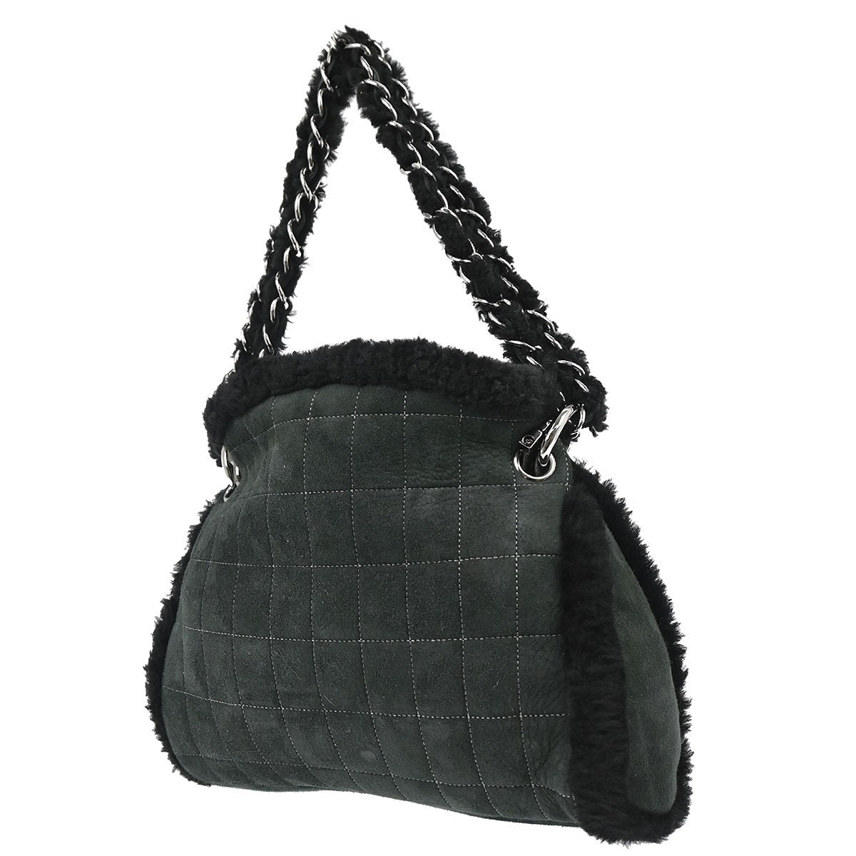 Chanel Vintage Embroidered Cc Chain Tote Quilted Suede And Shearling Black Suede Tote Bag Bag (Pre-Loved)