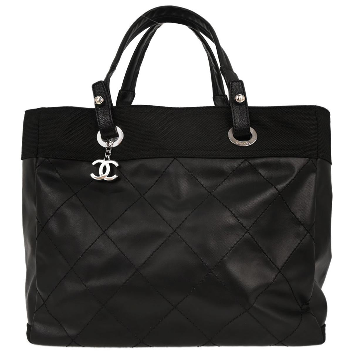 Chanel Biarritz Tote Quilted Coated Canvas Black Leather Tote Bag Bag (Authentic Pre-Loved)