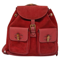 Gucci Vintage Bamboo Backpack Suede And Leather Red Suede Backpack Bag (Authentic Pre-Loved)