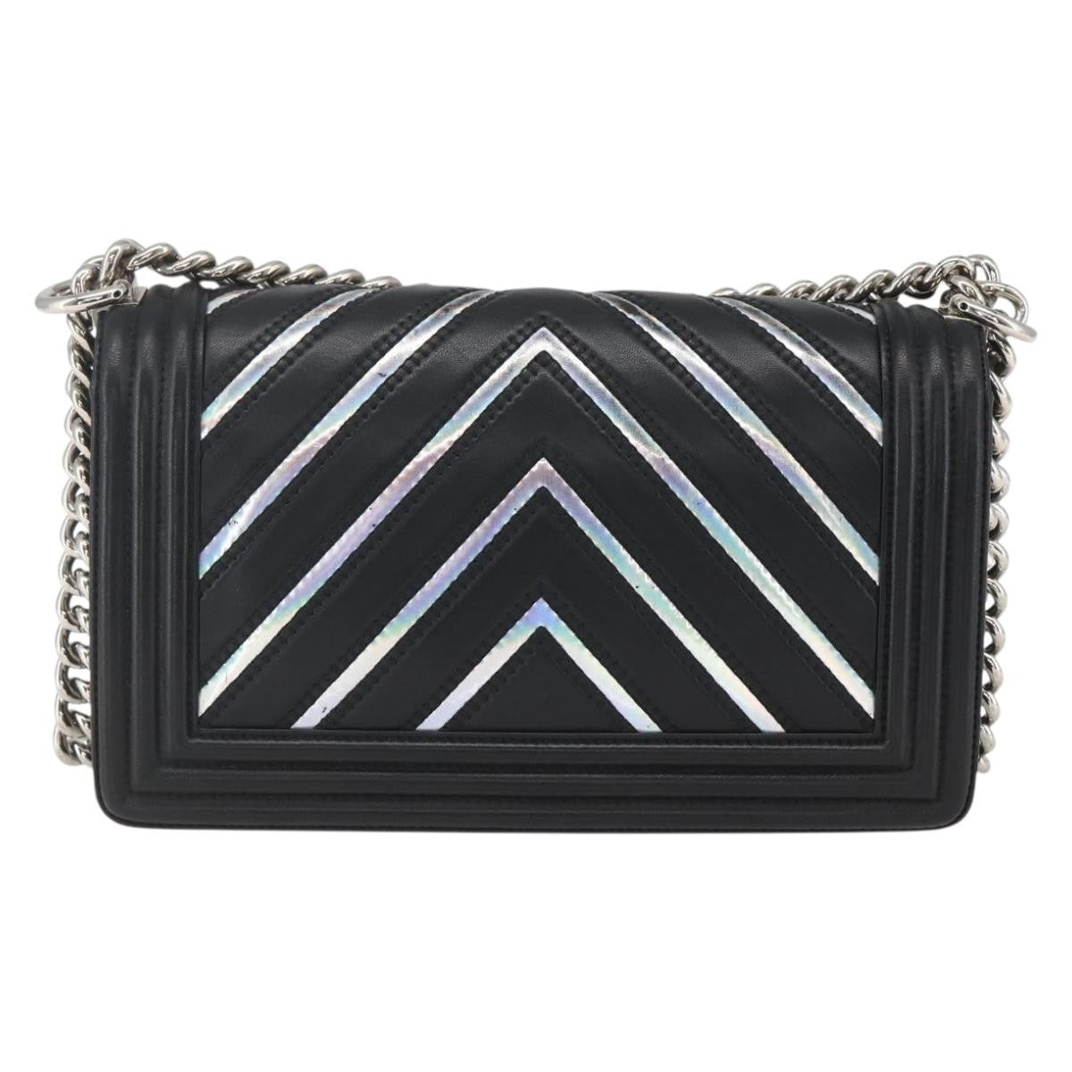 Chanel Boy Flap Bag Chevron Lambskin With Holographic Pvc Black Leather Shoulder Bag Bag (Authentic Pre-Loved)