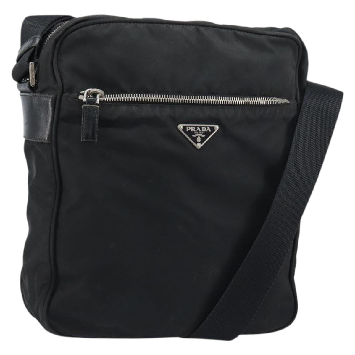 Prada Front Pocket Zip Messenger Bag Tessuto With Saffiano Leather Black Nylon Shoulder Bag Bag (Pre-Loved)