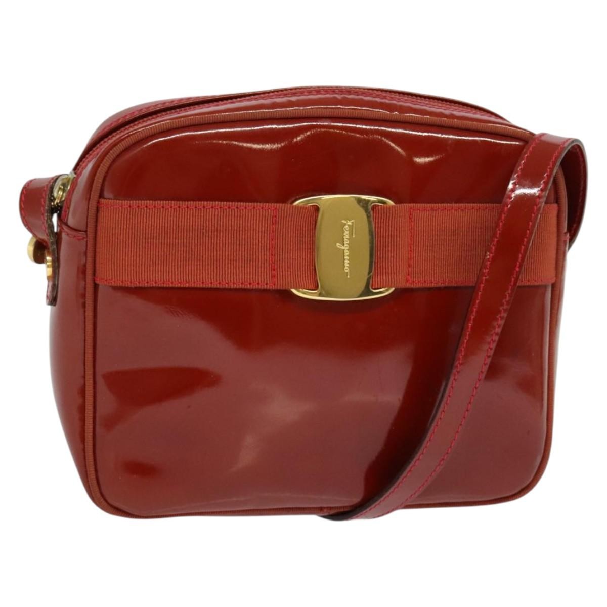 Salvatore Ferragamo Vala Shoulder Bag Patent Leather Red Patent_Leather Shoulder Bag Bag (Authentic Pre-Loved)