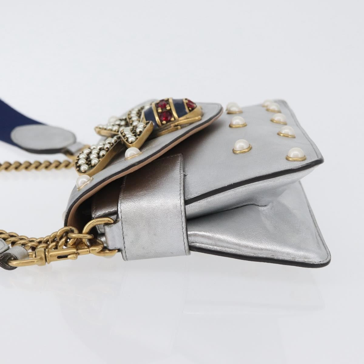 Gucci Broadway Pearly Bee Shoulder Bag Embellished Leather Silver Leather Shoulder Bag Bag (Authentic Pre-Loved)