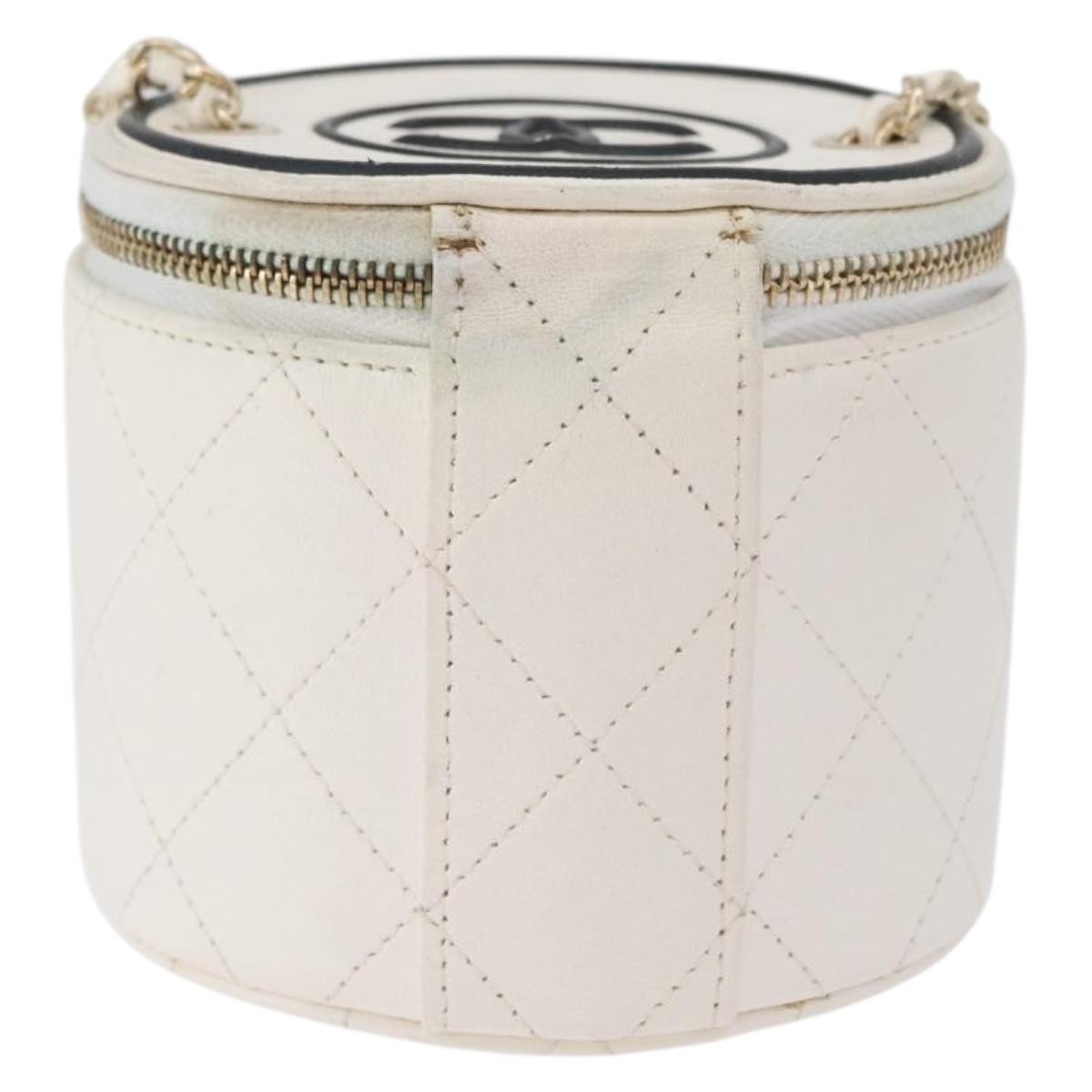 Chanel Cc Round Vanity Case With Chain Quilted Lambskin White Leather Clutche & Pouche Bag (Pre-Loved)
