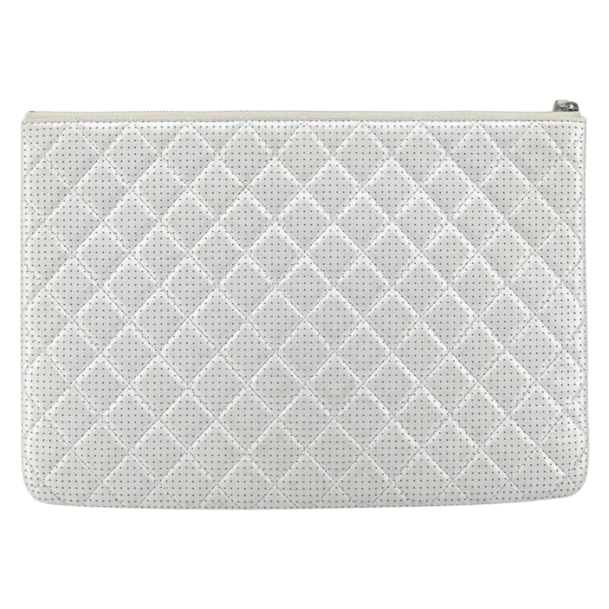 Chanel O Case Clutch Quilted Perforated Lambskin Silver Leather Clutche & Pouche Bag (Pre-Loved)