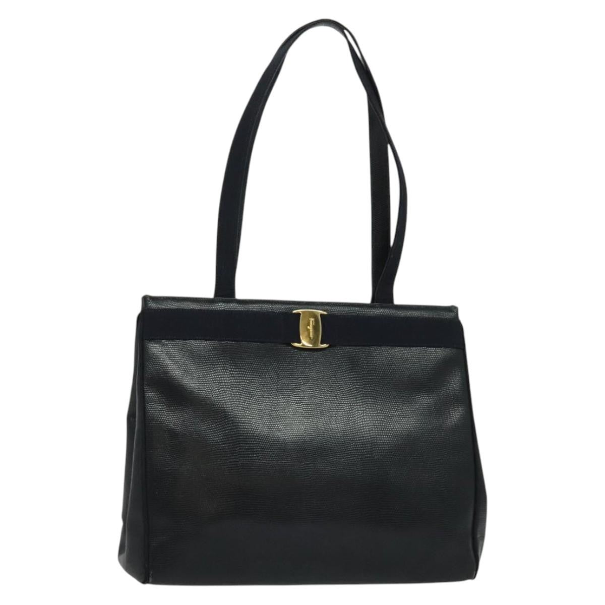 Salvatore Ferragamo Vintage Vara Bow Tote Lizard Embossed Leather Navy Leather Tote Bag Bag (Authentic Pre-Loved)