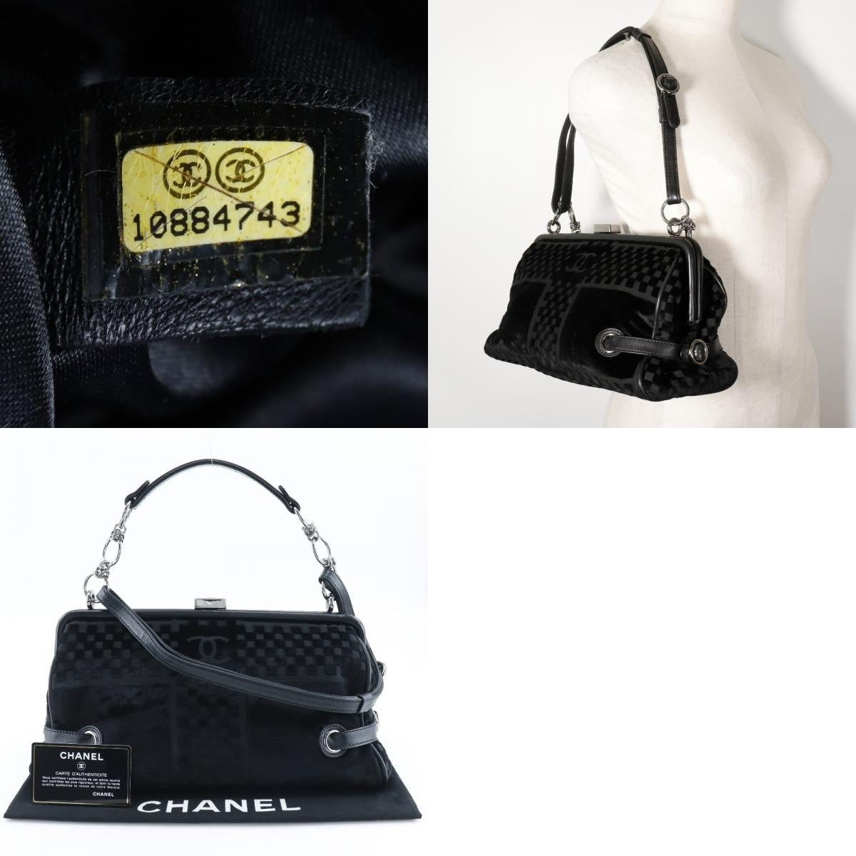 Chanel Vintage Cc Side Belted Bowler Bag Check Embossed Velvet Black Velvet Shoulder Bag Bag (Pre-Loved)