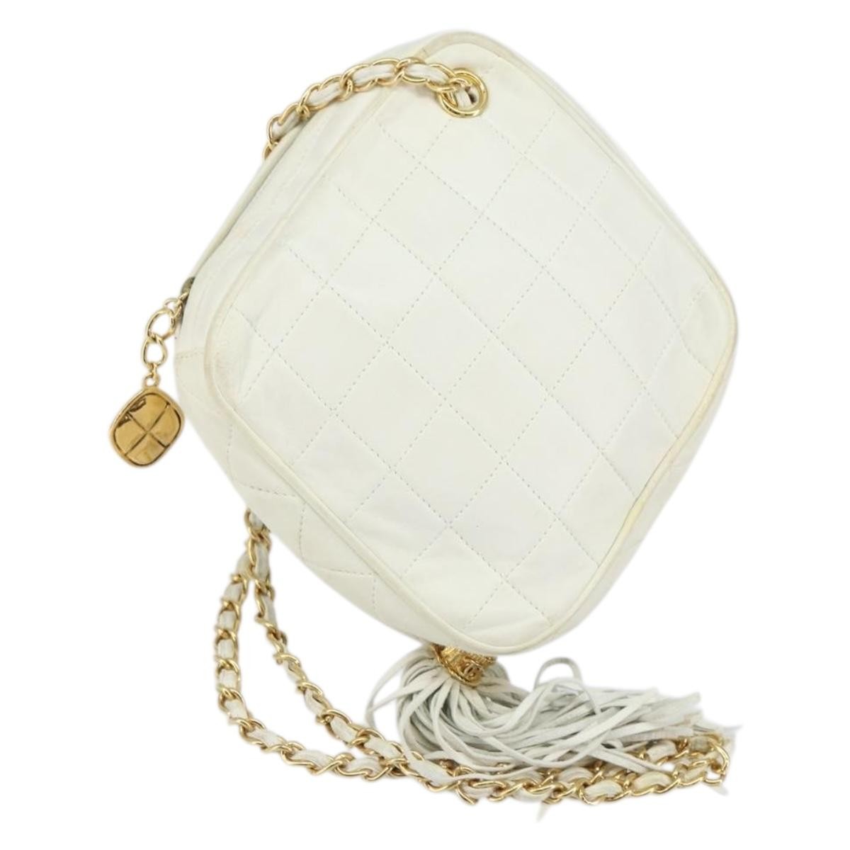 Chanel Vintage Diamond Tassel Crossbody Quilted Lambskin White Leather Clutche & Pouche Bag (Authentic Pre-Loved)