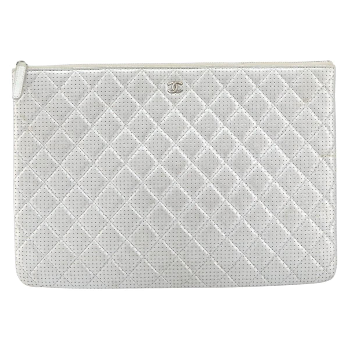 Chanel O Case Clutch Quilted Perforated Lambskin Silver Leather Clutche & Pouche Bag (Pre-Loved)