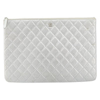 Chanel O Case Clutch Quilted Perforated Lambskin Silver Leather Clutche & Pouche Bag (Pre-Loved)