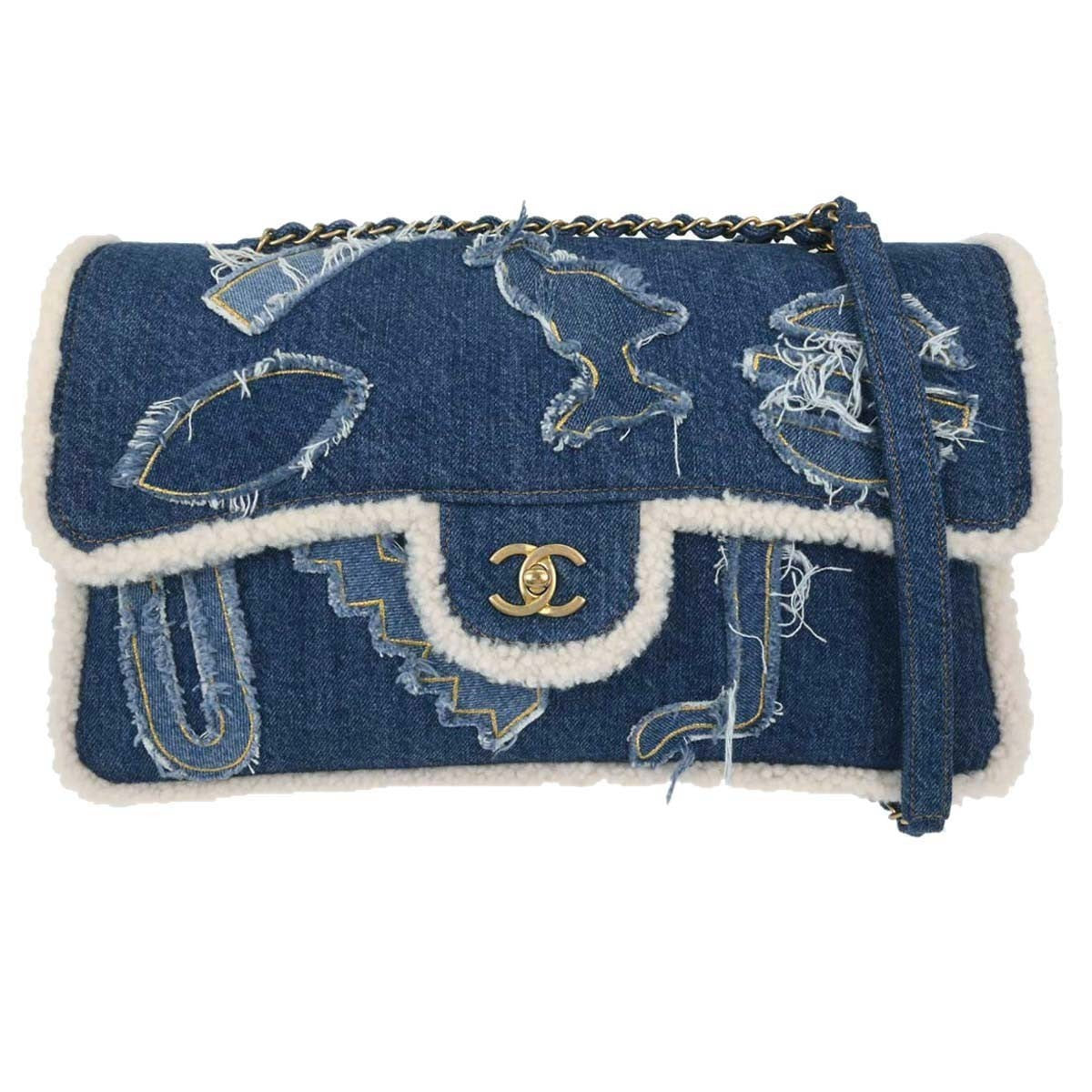 Chanel Egyptian Hieroglyph Flap Bag Denim And Shearling Blue Denim_Jeans Shoulder Bag Bag (Authentic Pre-Loved)