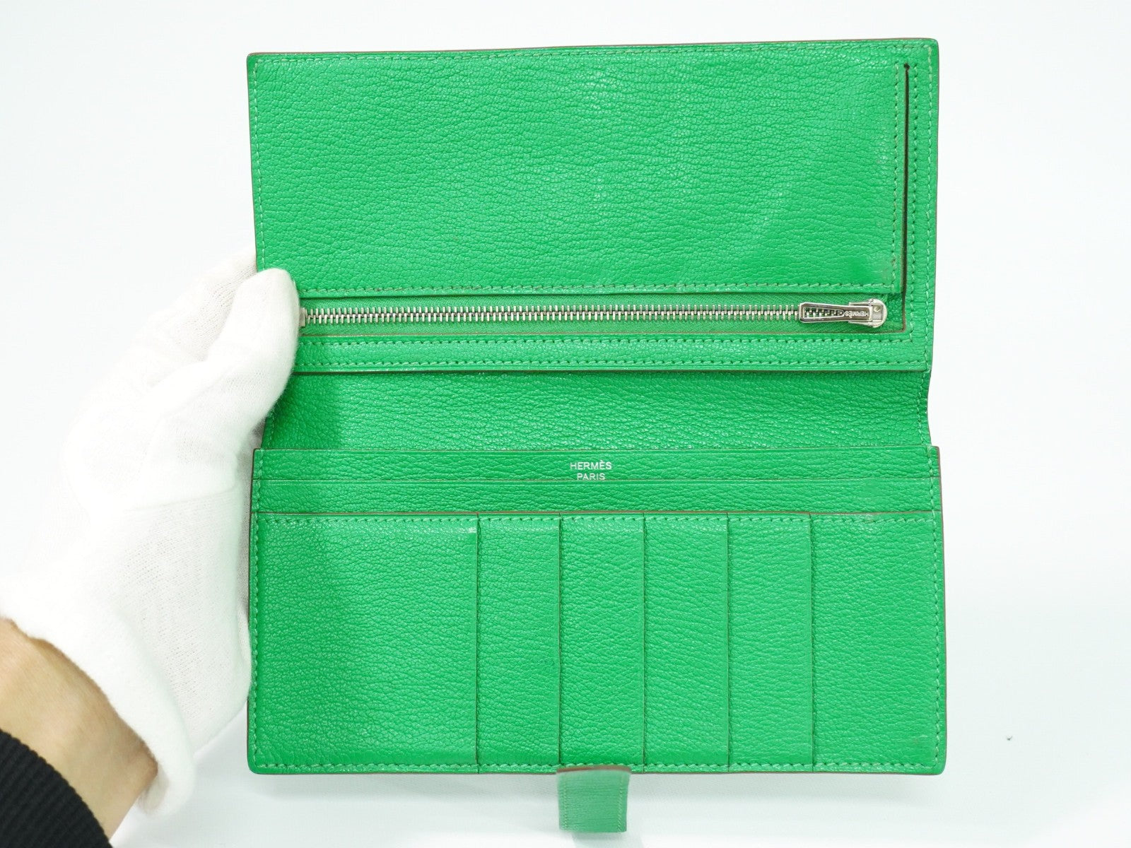 Hermes Bearn Wallet Chevre Mysore Green Leather Wallets Accessory (Pre-Loved)