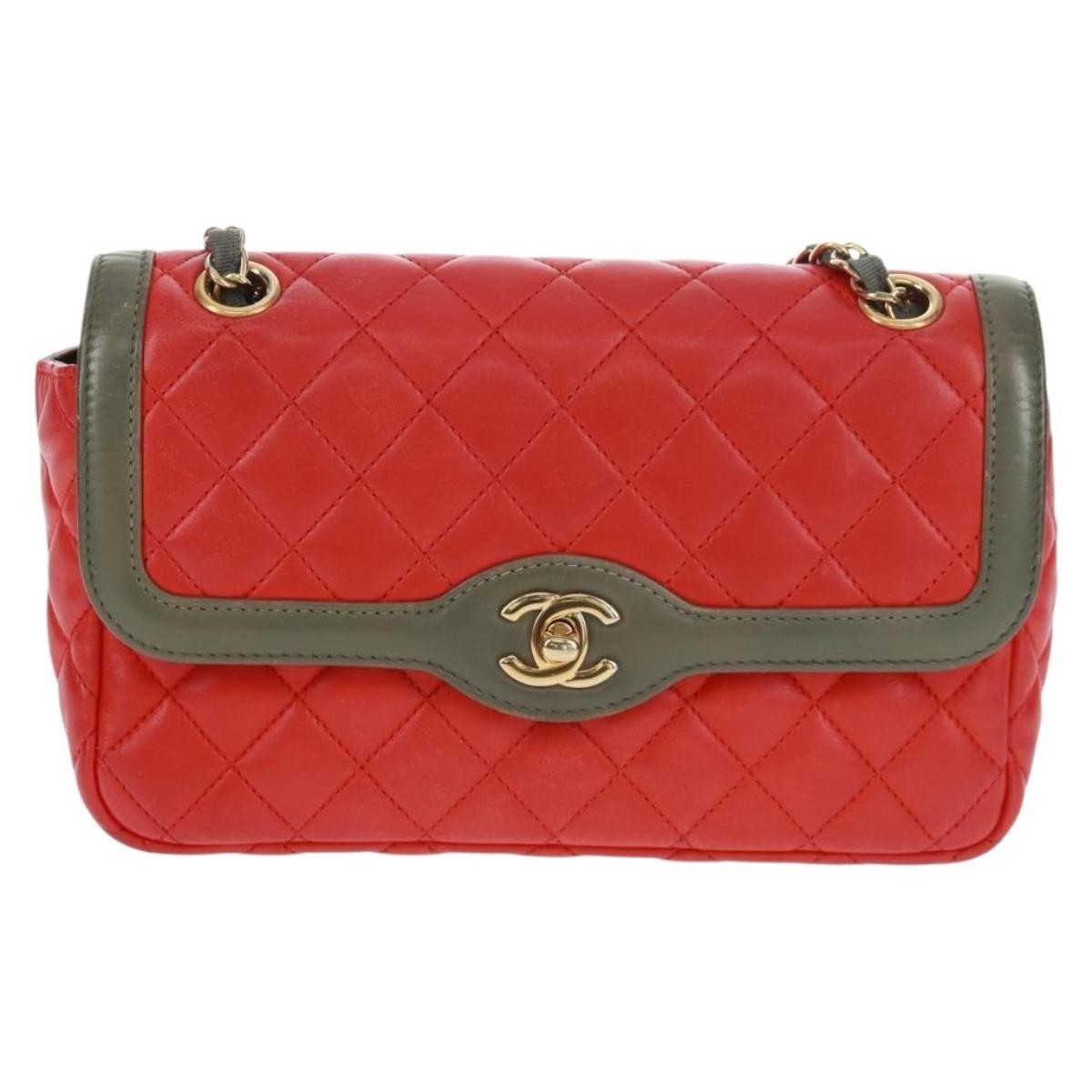 Chanel Two Tone Flap Bag Quilted Lambskin Red Leather Shoulder Bag Bag (Pre-Loved)