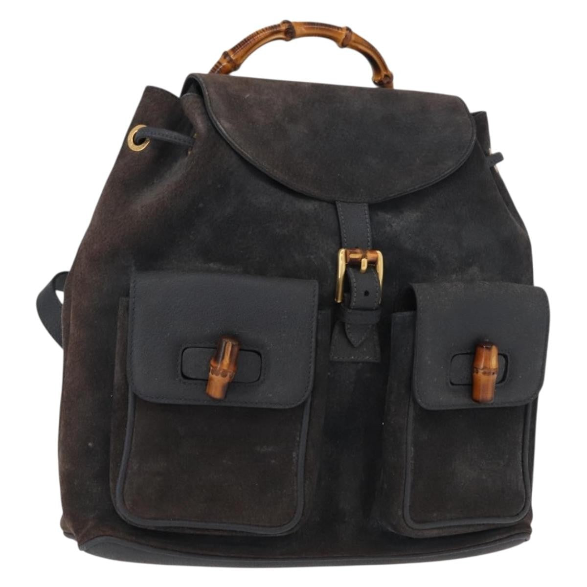 Gucci Vintage Bamboo Backpack Suede Navy Suede Backpack Bag (Authentic Pre-Loved)