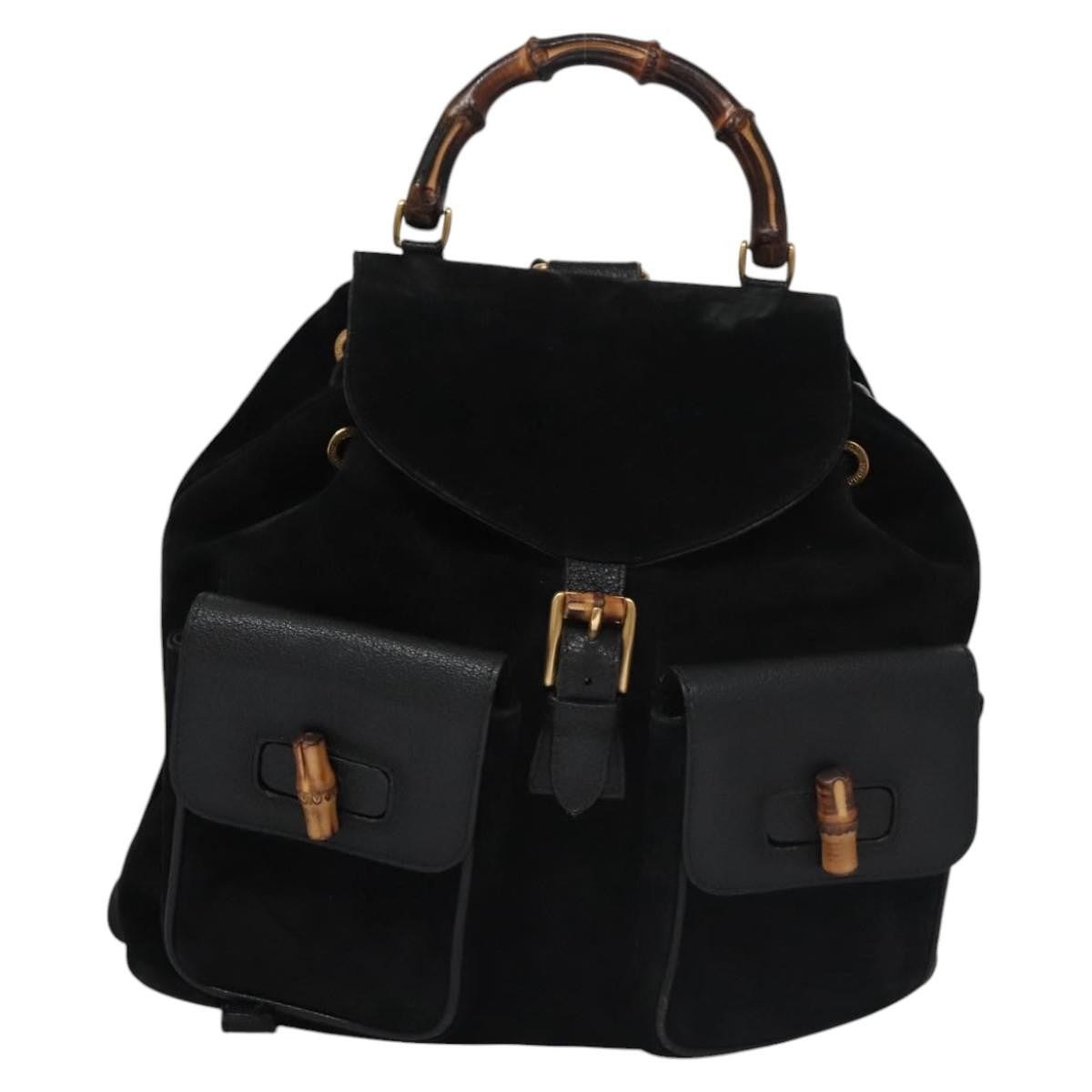 Gucci Vintage Bamboo Backpack Suede Black Suede Backpack Bag (Authentic Pre-Loved)