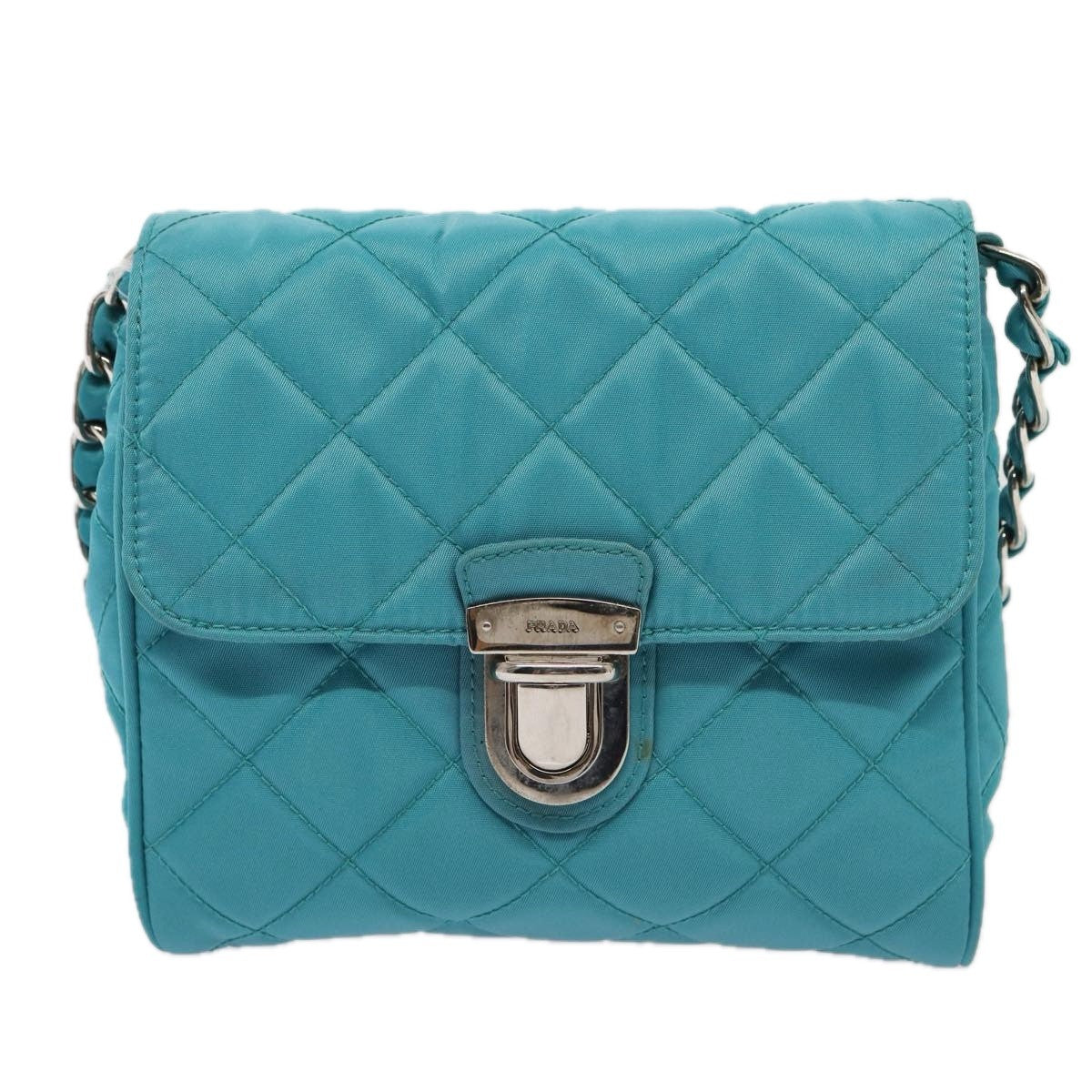 Prada Pushlock Chain Flap Bag Quilted Tessuto Turquoise Nylon Shoulder Bag Bag (Pre-Loved)