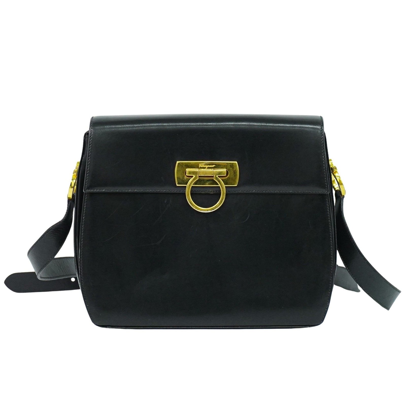 Salvatore Ferragamo Gancini Shoulder Bag Leather Black Leather Shoulder Bag Bag (Authentic Pre-Loved)