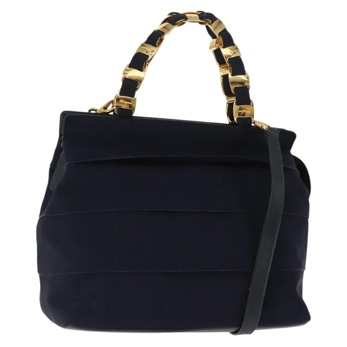 Salvatore Ferragamo Vala Handbag Canvas Navy Canvas Handbag (Authentic Pre-Loved)