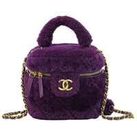 Chanel Coconing Top Handle Vanity Case With Chain Quilted Shearling Purple Faux_Fur Clutche & Pouche Bag (Authentic Pre-Loved)