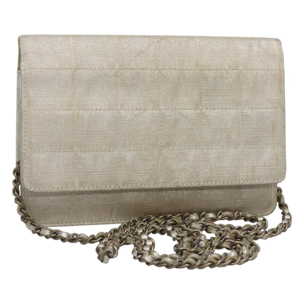 Chanel Travel Line Wallet On Chain Quilted Nylon Silver Nylon Bag (Authentic Pre-Loved)