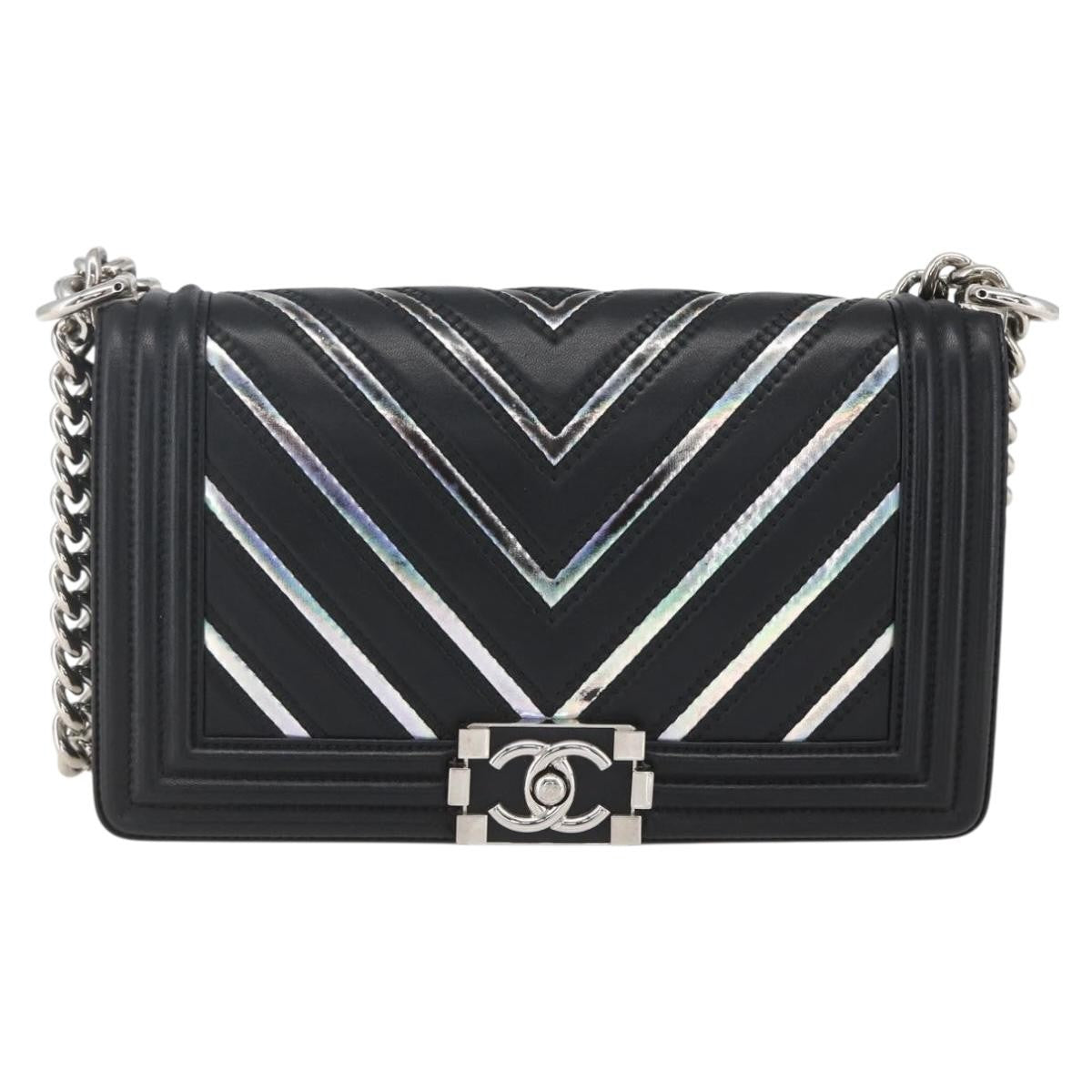 Chanel Boy Flap Bag Chevron Lambskin With Holographic Pvc Black Leather Shoulder Bag Bag (Authentic Pre-Loved)