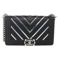Chanel Boy Flap Bag Chevron Lambskin With Holographic Pvc Black Leather Shoulder Bag Bag (Authentic Pre-Loved)