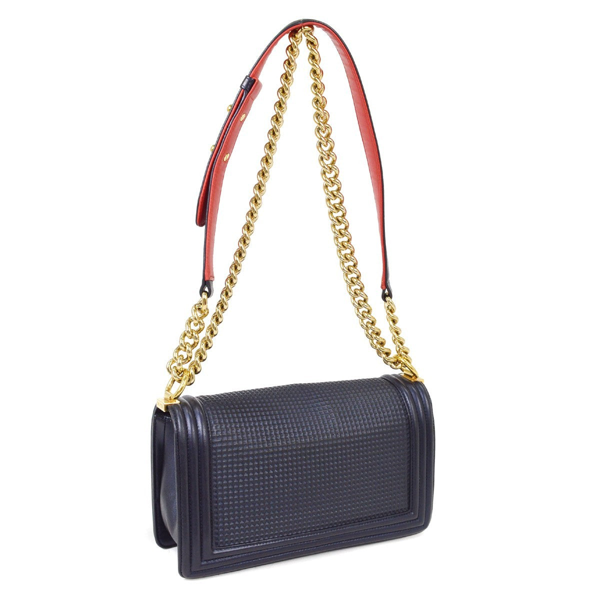 Chanel Boy Flap Bag Cube Embossed Lambskin Navy Leather Shoulder Bag Bag (Authentic Pre-Loved)