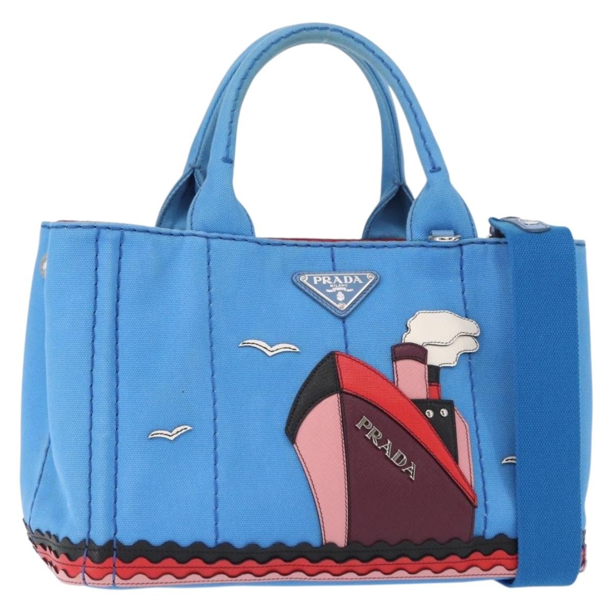 Prada Canapa Convertible Tote Canvas With Applique Blue Canvas Tote Bag Bag (Pre-Loved)