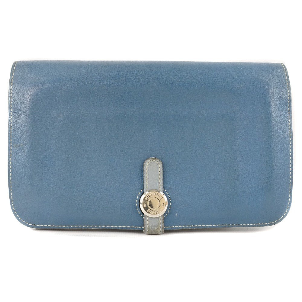 Hermes Dogon Duo Combined Wallet Leather Blue Calfskin Wallets Accessory (Authentic Pre-Loved)